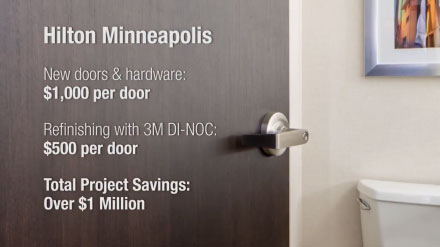 YouTube video thumbnail with text, "Hilton Minneapolis - Total Project Savings (with 3M DI-NOC vs. new doors & hardware): Over $1 million."