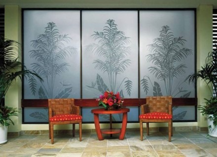 Frosted window tint with decorative palms