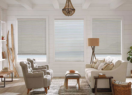 Hunter Douglas EverWoods Blinds inside a Living Room with a waterfront view to illustrate Cocoa Beach.