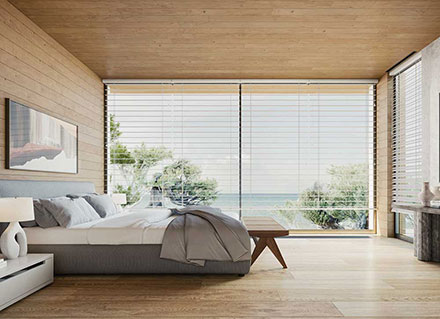 Hunter Douglas Metal Blinds Illustration inside a bedroom overlooking the water, to illustrate Cocoa Beach.