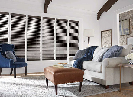 This is the full image of a dark wood Hunter Douglas Parkland Wood Merritt Island blinds illustration in a living room with tan and blue décor.