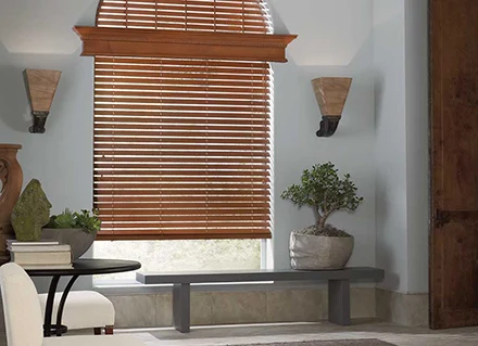 Parkland Wood Rockledge Blinds cover a living room window.